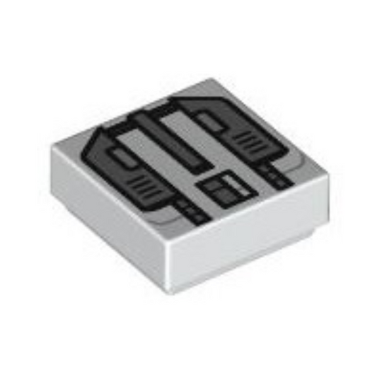 White Tile 1 x 1 with SW Imperial Commando Jet Pack with Dark Bluish Gray Trapezoids and Silver Rectangles Pattern