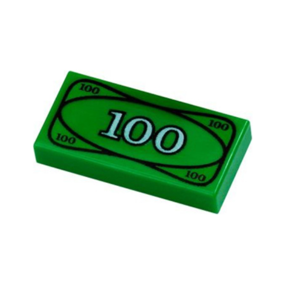 Green Tile 1 x 2 with Currency / Money, 100 Bill / Note Pattern