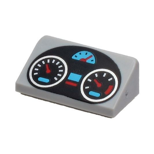 Light Bluish Gray Slope 30 1 x 2 x 2/3 with Black Oval Dashboard with Silver, Medium Azure and Red Gauges Pattern