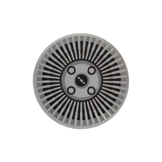 Flat Silver Tile, Round 2 x 2 with Bottom Stud Holder with Hubcap with Black Radial Stripes and Wheel Bolts Pattern