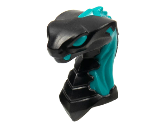Black Minifigure, Head, Modified Snake, Cobra with Closed Mouth with Molded Dark Turquoise Eyes, Fangs, and Flames on Closed Hood Pattern