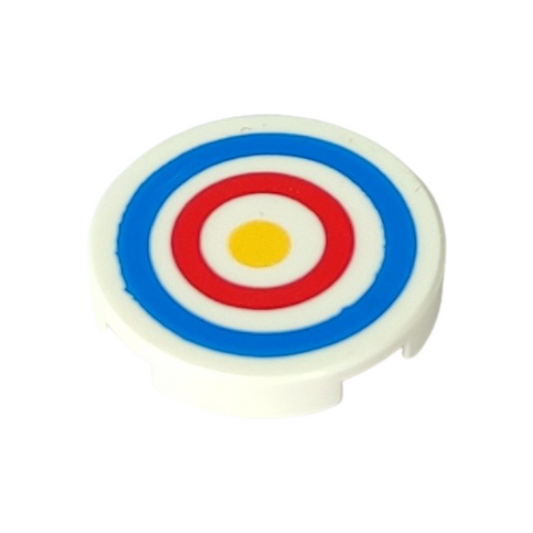 White Tile, Round 2 x 2 with Bottom Stud Holder with Blue and Red Circles and Yellow Dot Archery Target Pattern