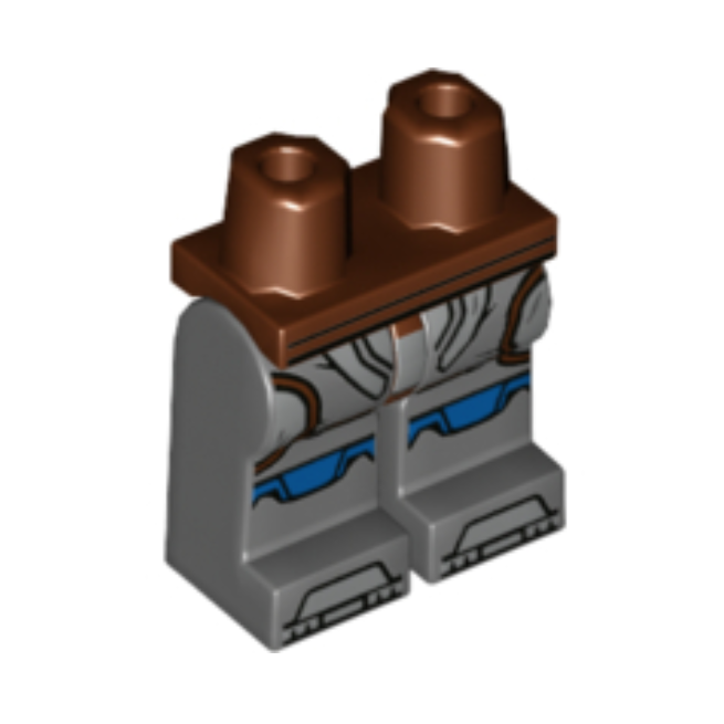 Reddish Brown Hips and Dark Bluish Gray Legs with SW Mandalorian Silver Beskar Armor Plates, Blue Knees Pattern