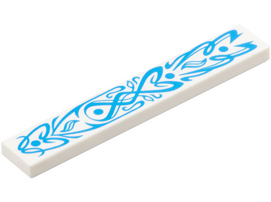 White Tile 1 x 6 with Dark Azure Flowery Filigree with Dots and Curved Lines Pattern