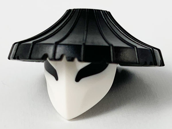 Black Minifigure, Headgear Hat, Conical Asian with Raised Center and White Mask with Large Black Eyes Pattern