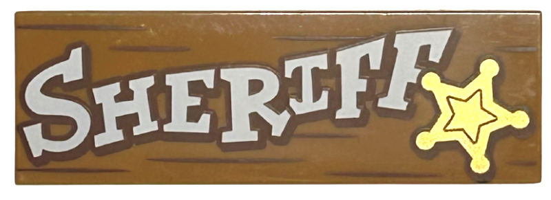 Medium Nougat Tile 2 x 6 with White 'SHERIFF', Gold Star and Reddish Brown Wood Grain Lines Pattern