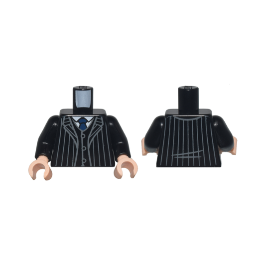 Black Torso Suit Jacket Open with Dark Bluish Gray Pinstripes over Vest with Buttons and White Shirt, Dark Blue Tie Pattern / Black Arms / Light Nougat Hands