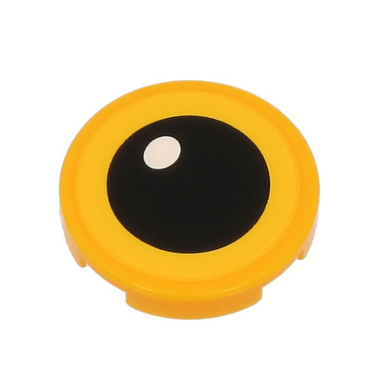 Bright Light Orange Tile, Round 2 x 2 with Bottom Stud Holder with Yellow Eye, Black Pupil and White Glint Pattern
