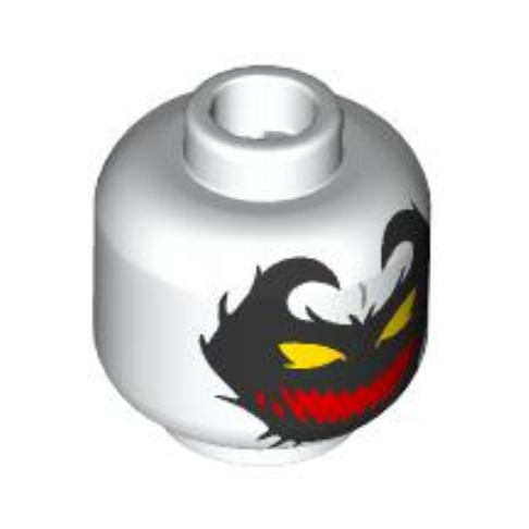 White Minifigure, Head Alien with Black Face with Tendrils, Yellow Eyes, Wide Red Open Mouth Smile with Sharp Teeth Pattern