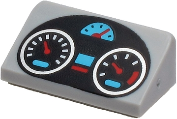 Light Bluish Gray Slope 30 1 x 2 x 2/3 with Black Oval Dashboard with Silver, Medium Azure and Red Gauges Pattern