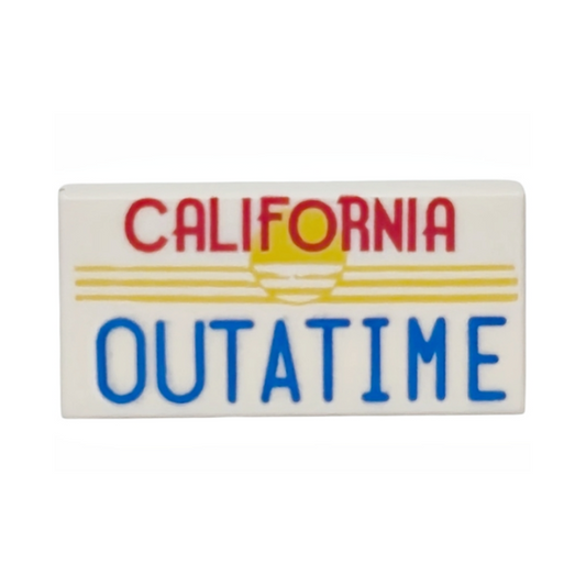 White Tile 1 x 2 with Red and Blue 'CALIFORNIA OUTATIME' and Yellow Sun Pattern