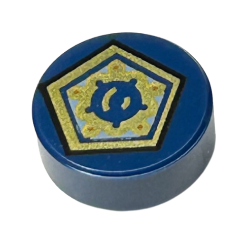 Dark Blue Tile, Round 1 x 1 with Gold Pentagon and Shapes Pattern (HP Chocolate Frog Card)