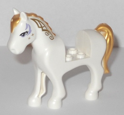 White Horse, Friends Style with 2 x 2 Cutout with Lavender Eyes and Face Decoration, Gold Mane and Tail Pattern