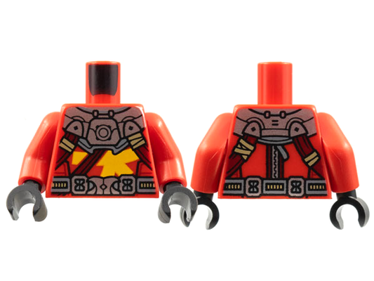 Red Torso Silver Armor and Buckle, Dark Red Straps, Bright Light Orange Ninjago Logogram Letter K Pattern / Red Arms / Black Hands