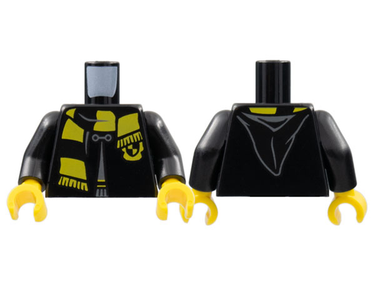 Black Torso Hogwarts Robe Clasped with Hufflepuff Shield and Scarf Pattern / Black Arms / Yellow Hands