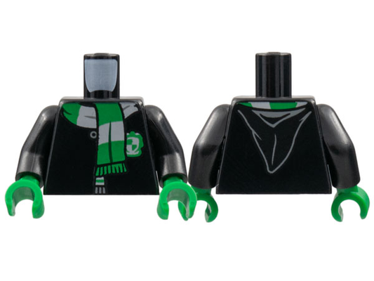 Black Torso Hogwarts Robe Clasped with Slytherin Shield and Scarf Pattern / Black Arms / Green Hands