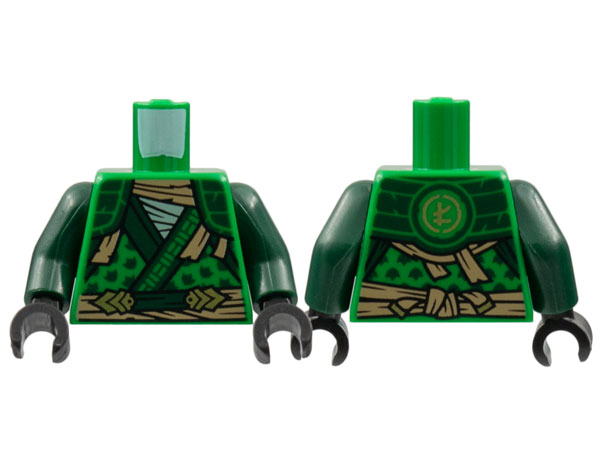 Green Torso Tunic, Dark Green Hems and Shoulder Pads, Tan Tattered Scarf and Sash, Gold Ninjago Logogram Letter L on Back Pattern / Dark Green Arms / Black Hands