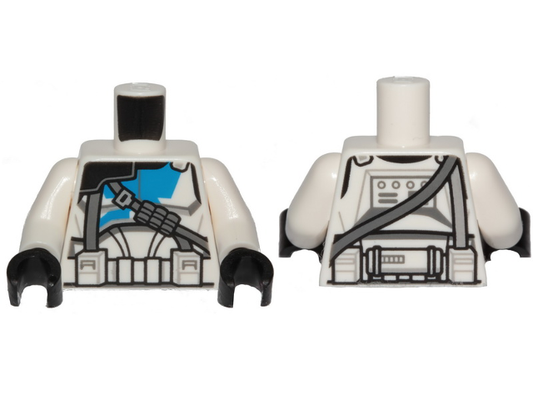 White Torso SW Armor Clone Trooper with Blue 501st Legion Markings and Dark Bluish Gray Diagonal Belt Pattern (Clone Wars) / White Arms / Black Hands