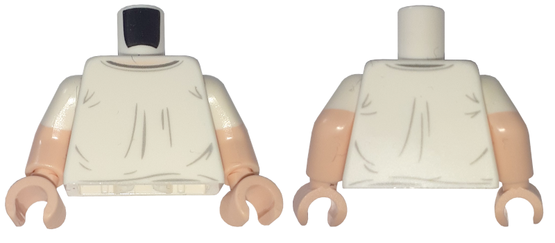 White Torso Shirt with Dark Bluish Gray Collar, Light Bluish Gray Wrinkles, and Light Nougat Neck Pattern / Light Nougat Arms with Molded White Short Sleeves Pattern / Light Nougat Hands