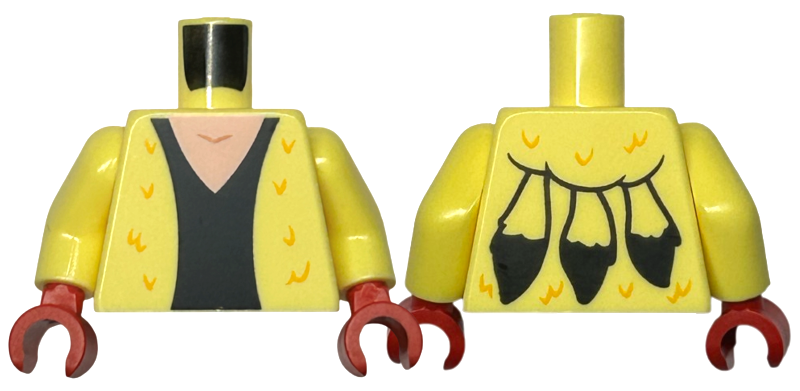 Bright Light Yellow Torso Coat with Bright Light Orange Swirls / Feathers, Black Dress, Light Nougat Neck, Fur on Back Pattern / Bright Light Yellow Arms / Red Hands