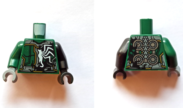 Dark Green Torso Half Armor / Venom with Dark Bluish Gray and Green Panels, Gold Accents, Silver Circles on Back and Black Smudge Pattern / Black Arm Left / Dark Green Arm Right / Black Hand Left / Dark Bluish Gray Hand Right