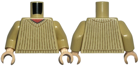 Tan Torso V-Neck Sweater with Dark Tan Vertical Stripes over Red Shirt Pattern / Tan Arms / Light Nougat Hands