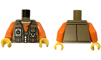 Dark Tan Torso Vest with Pockets, Silver Zipper and GPS with Compass over Orange Shirt with White Collar Pattern / Orange Arms / Yellow Hands
