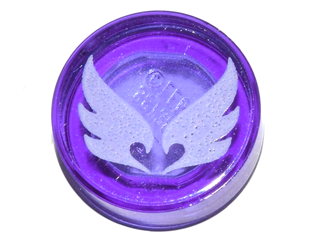 Trans-Purple Tile, Round 1 x 1 with Elves Wind Power Symbol, White Wings Pattern