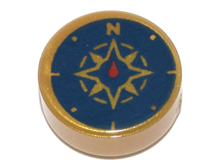Pearl Gold Tile, Round 1 x 1 with Dark Blue Compass Rose and Red Needle Pattern