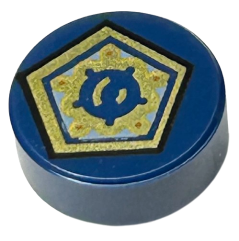 Dark Blue Tile, Round 1 x 1 with Gold Pentagon and Shapes Pattern (HP Chocolate Frog Card)