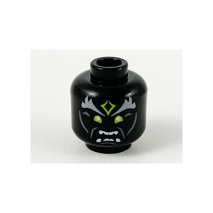 Black Minifigure, Head Alien Light Bluish Gray Bushy Eyebrows, Yellowish Green Forehead Tattoo and Eyes, Open Mouth Showing Teeth Pattern