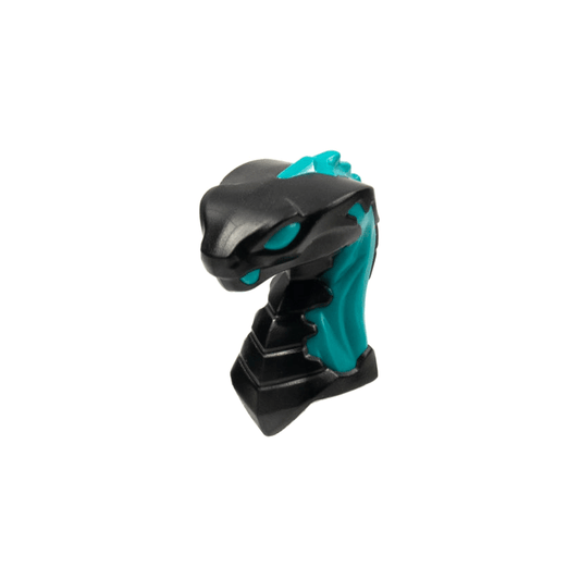 Black Minifigure, Head, Modified Snake, Cobra with Closed Mouth with Molded Dark Turquoise Eyes, Fangs, and Flames on Closed Hood Pattern