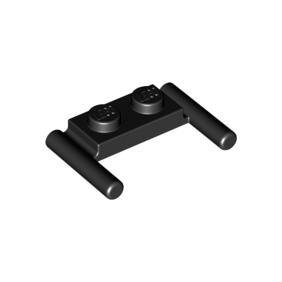 Black Plate, Modified 1 x 2 with Bar Handles - Flat Ends, Low Attachment