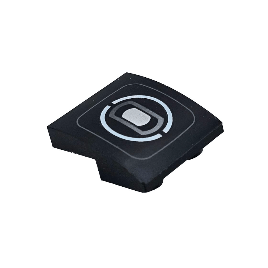 Black Slope, Curved 2 x 2 x 2/3 Inverted with Thin Dark Bluish Gray Rounded Square, White Split Circle, and Silver Headlight Pattern