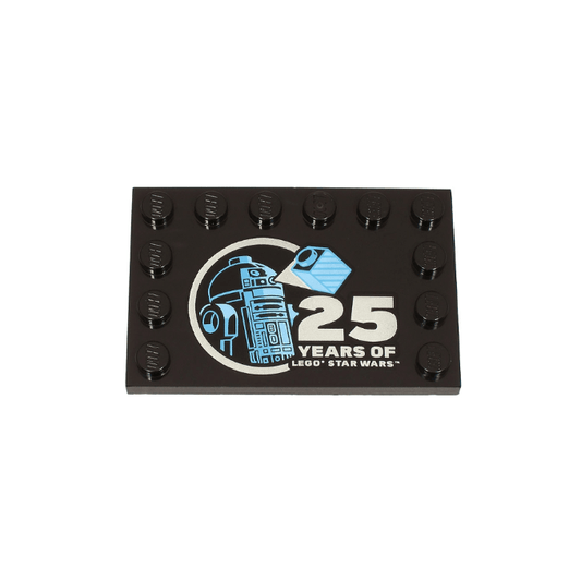 Black Tile, Modified 4 x 6 with Studs on Edges with Bright Light Blue and Medium Blue R2-D2 Minifigure and Silver '25 YEARS OF LEGO STAR WARS' Pattern