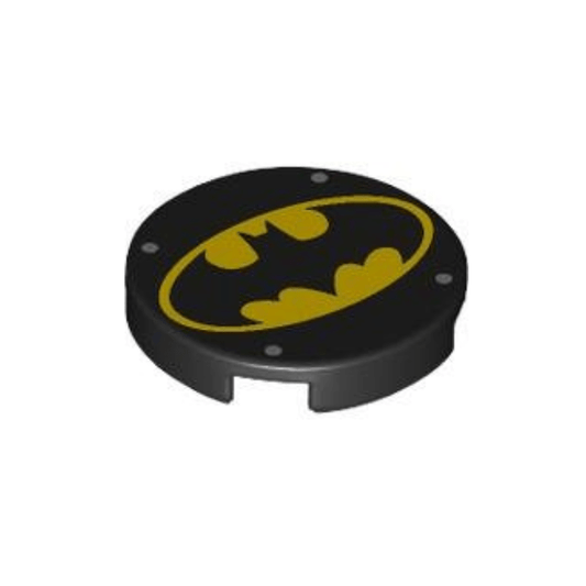 Black Tile, Round 2 x 2 with Bottom Stud Holder with Bat on Yellow Oval Batman Logo and 4 Silver Dots Pattern