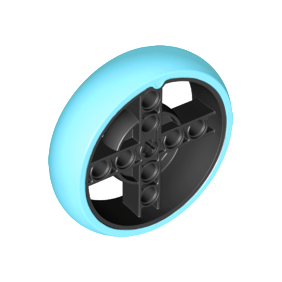 Black Wheel 56 x 14 Technic with Axle Hole and 8 Pin Holes with Molded Medium Azure Hard Rubber Tire Pattern