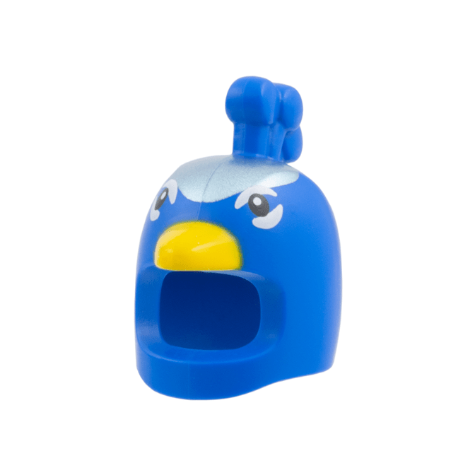 Blue Minifigure, Headgear Head Cover, Costume Peacock with Metallic Light Blue Forehead, Yellow Beak, Black Eyes with White Markings Pattern