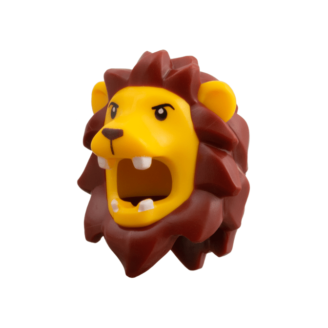 Bright Light Orange Minifigure, Headgear Head Cover, Costume Lion with Molded Dark Red Mane, Printed Black Eyes, Dark Brown Nose Pattern