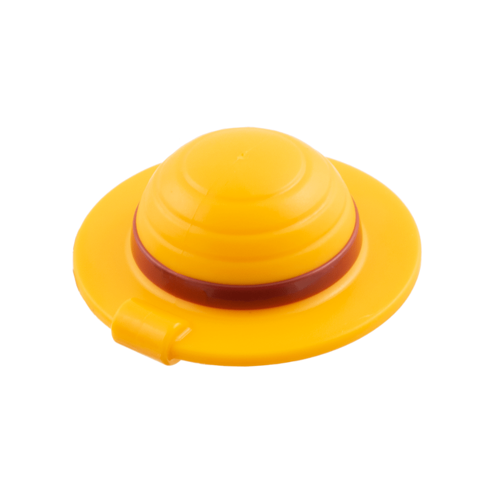 Bright Light Orange Minifigure, Headgear Straw Hat with Bar Handle with Molded Dark Red Band Pattern