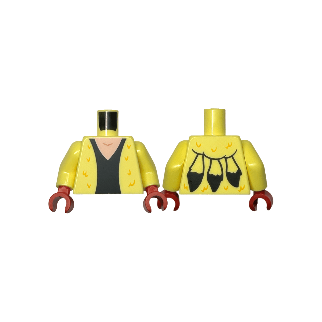 Bright Light Yellow Torso Coat with Bright Light Orange Swirls / Feathers, Black Dress, Light Nougat Neck, Fur on Back Pattern / Bright Light Yellow Arms / Red Hands