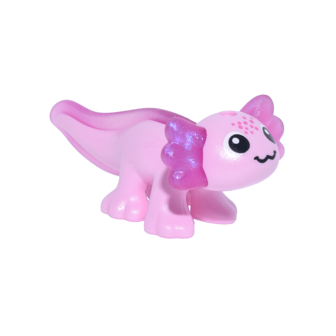 Bright Pink Salamander, Friends Style, Axolotl with Molded Satin Trans-Dark Pink Fin and Gills and Printed Black Eyes and Mouth, Dark Pink Spots Pattern