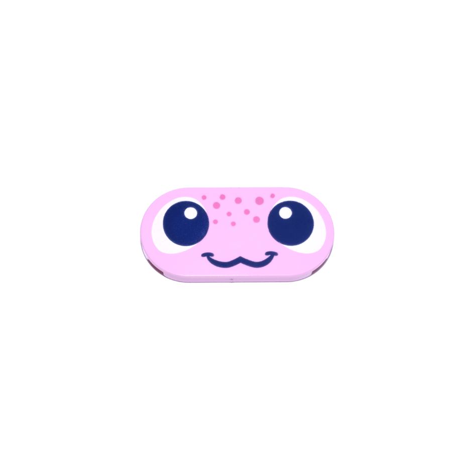 Bright Pink Tile, Round 2 x 4 Oval with Face, Dark Blue and White Eyes and Smile, Dark Pink Spots Pattern Axolotl