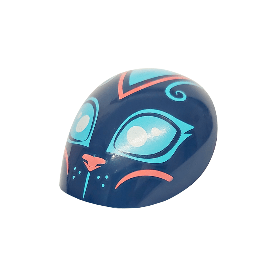 Dark Blue Large Figure Armor, Round, Smooth with Medium Azure Eyes, Curls, Whisker Dots, and Forehead Triangle, Coral Nose and Cheek Lines Pattern Cat Head