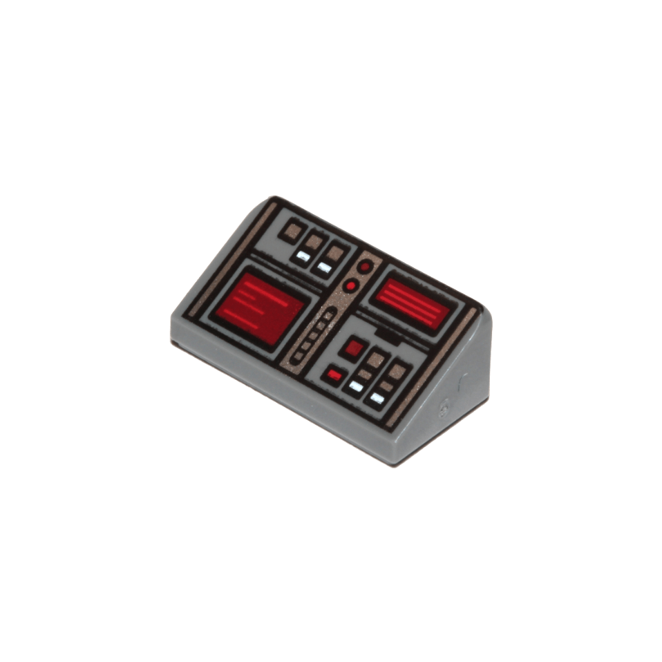 Dark Bluish Gray Slope 30 1 x 2 x 2/3 with Red, White, and Silver Buttons, Dark Red Screens Pattern