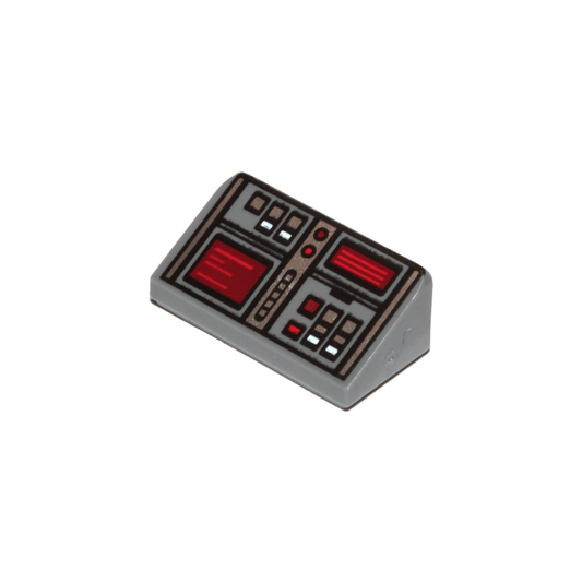 Dark Bluish Gray Slope 30 1 x 2 x 2/3 with Red, White, and Silver Buttons, Dark Red Screens Pattern
