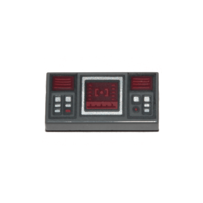 Dark Bluish Gray Tile 1 x 2 with SW Dark Red Target Screen, Dark Red and Silver Buttons Pattern