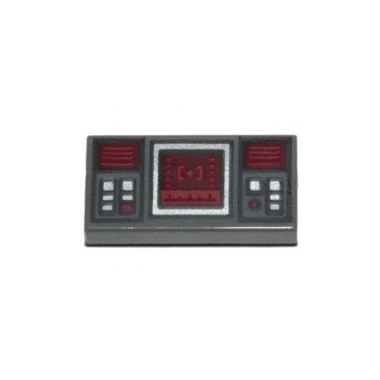Dark Bluish Gray Tile 1 x 2 with SW Dark Red Target Screen, Dark Red and Silver Buttons Pattern