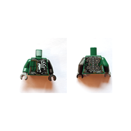 Dark Green Torso Half Armor / Venom with Dark Bluish Gray and Green Panels, Gold Accents, Silver Circles on Back and Black Smudge Pattern / Black Arm Left / Dark Green Arm Right / Black Hand Left / Dark Bluish Gray Hand Right