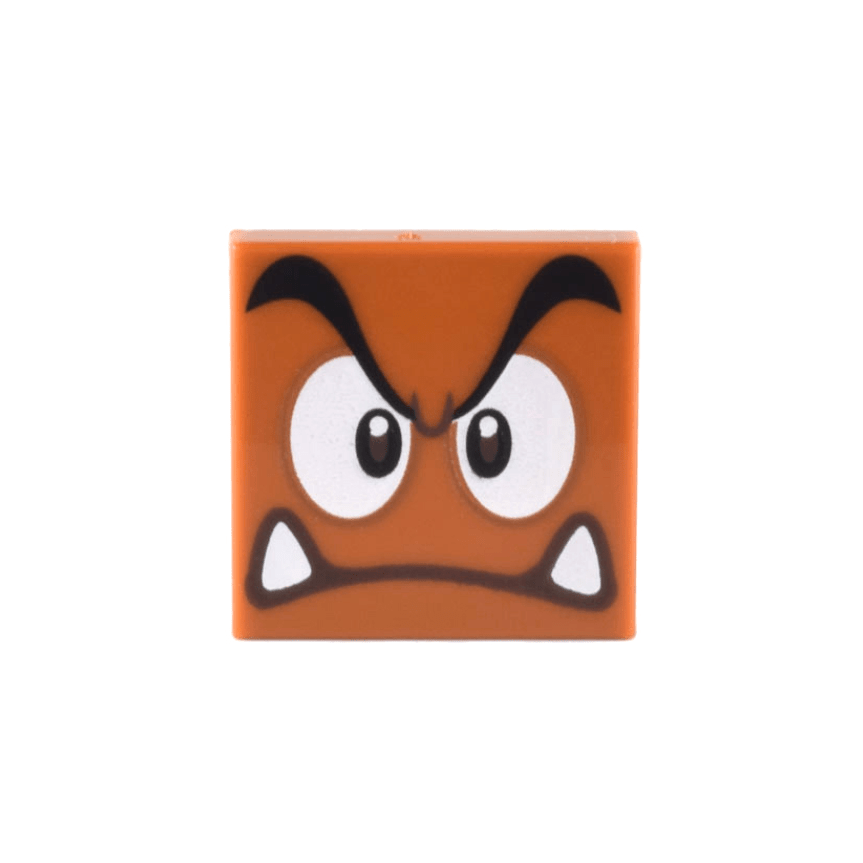 Dark Orange Tile 2 x 2 with Black Eyebrows, Dark Brown and White Eyes Looking Straight, Angry Frown with Bottom Fangs Pattern Super Mario Goomba Face